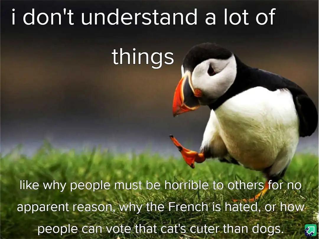 A photograph of a puffin standing on green grass with a blurred background, looking confused or perplexed. White text is…