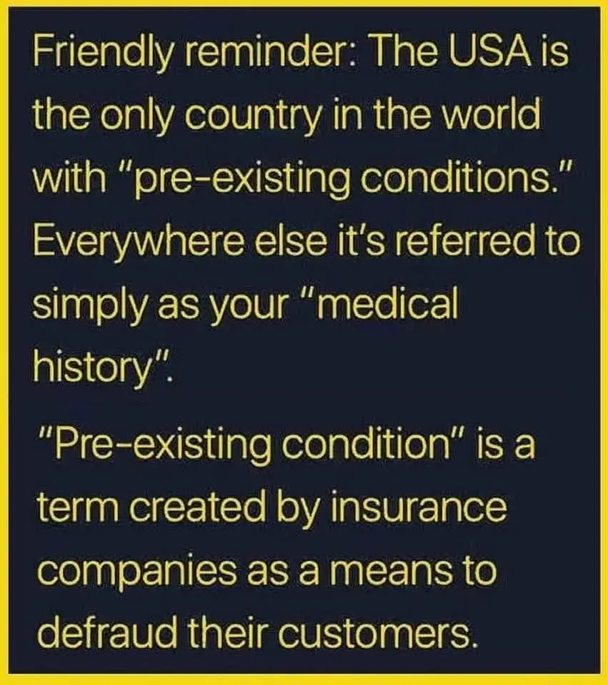 A dark blue background with a yellow border contains yellow text stating that the USA is the only country with 'pre-existing…
