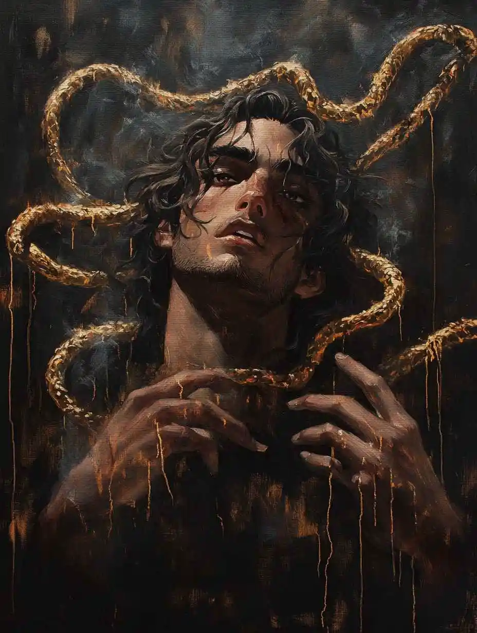 A dark, painterly image shows a man with long dark hair and a pensive expression, surrounded by thick, golden, rope-like…