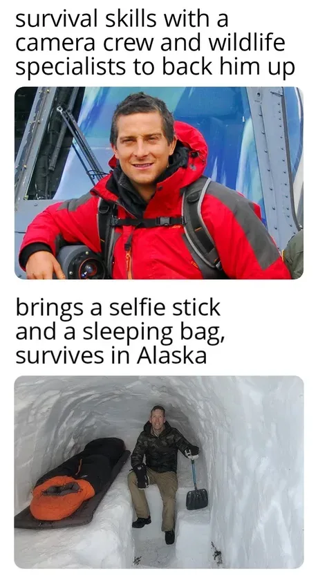 The meme features two images of Bear Grylls. The top image shows him smiling in a red jacket inside a helicopter, with text…