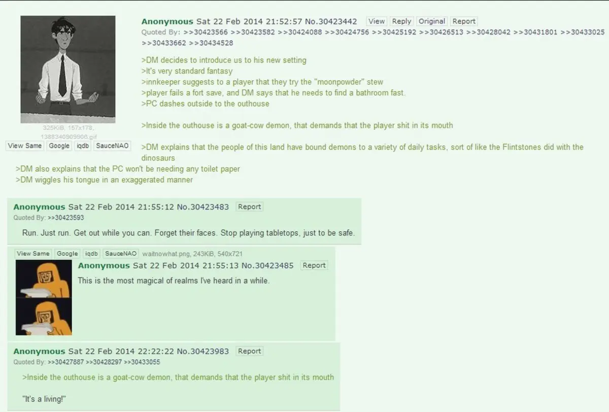 A screenshot of a 4chan thread where users discuss a bizarre Dungeons & Dragons session involving a goat-cow demon in an…
