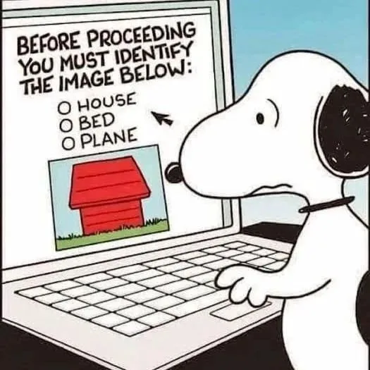 A cartoon dog, Snoopy, sits at a laptop computer. The screen displays a prompt asking the user to identify an image by…