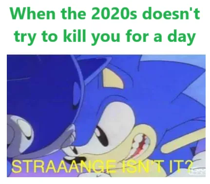 The image shows the animated character Sonic the Hedgehog with a shocked and bewildered expression, his mouth slightly open…