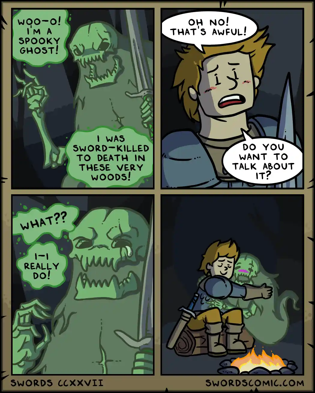 A four-panel comic shows a spooky green ghost introducing itself as a sword-killed specter in the woods. A knight reacts…
