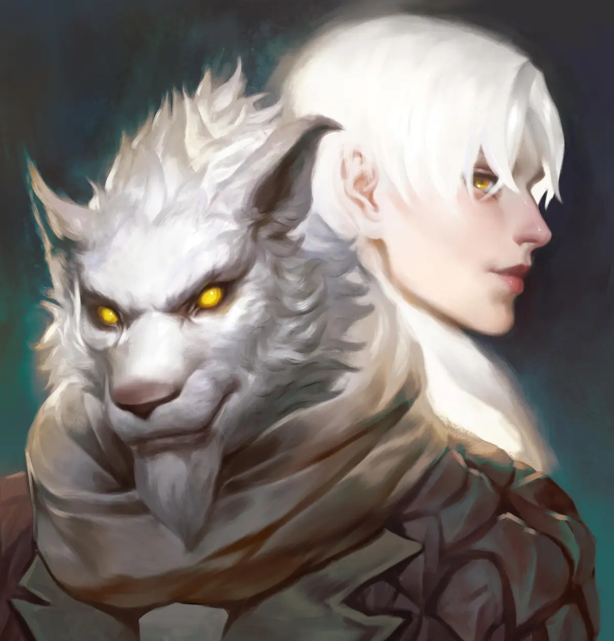 A digital painting shows a person with white hair and yellow eyes, whose head is partially transformed into a white, furry…