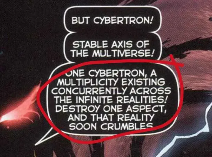 A comic panel shows a character speaking in three stacked speech bubbles. The top two read 'BUT CYBERTRON!' and 'STABLE AXIS…