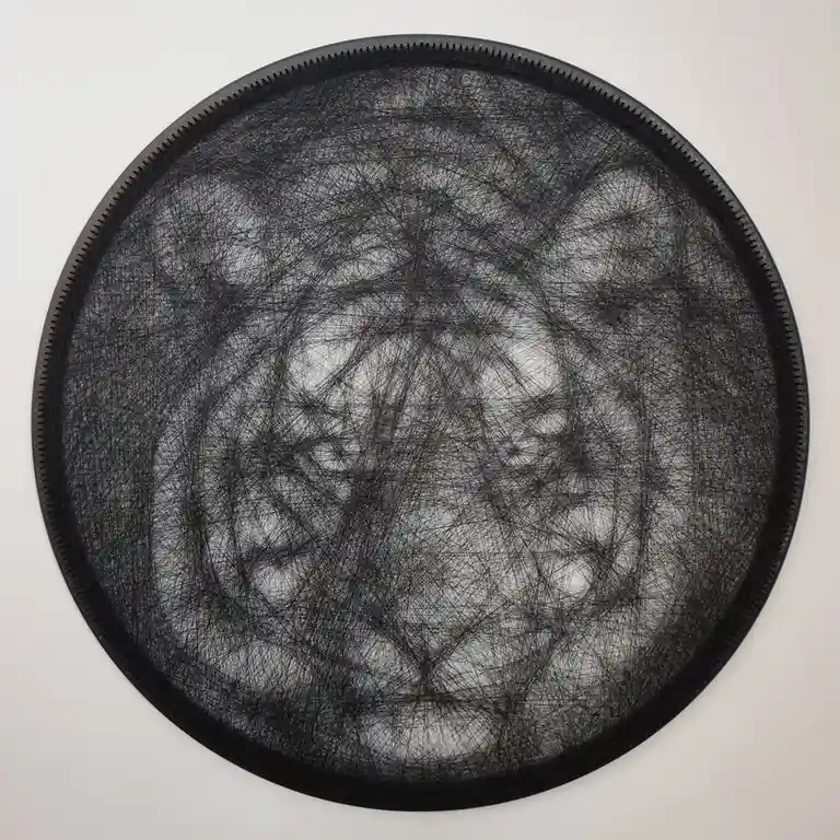 A top-down view of a black circular object, likely a plate or tray, covered in a dense, chaotic web of black threads or…