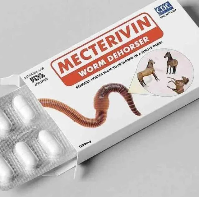 A pill box labeled 'MECTERIVIN WORM DEHORSER' with a large worm graphic and pills spilling out, featuring text claiming it…