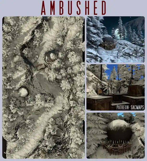 A collage of four images showing a snowy, forested D&D map with a top-down view and three close-ups of a hidden, spiked…