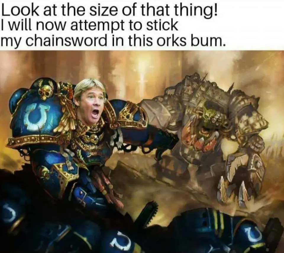 A digitally altered image shows a fantasy warrior in ornate blue and gold armor with a shocked expression, overlaid with a…