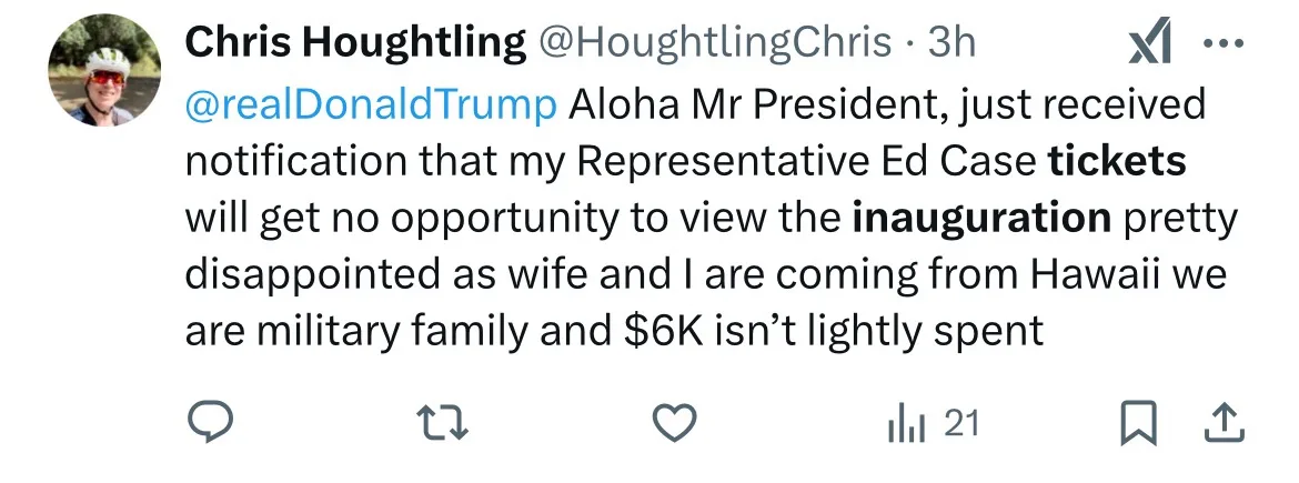 A screenshot of a tweet from Chris Houghtling (@HoughtlingChris) addressed to @realDonaldTrump. The tweet expresses…