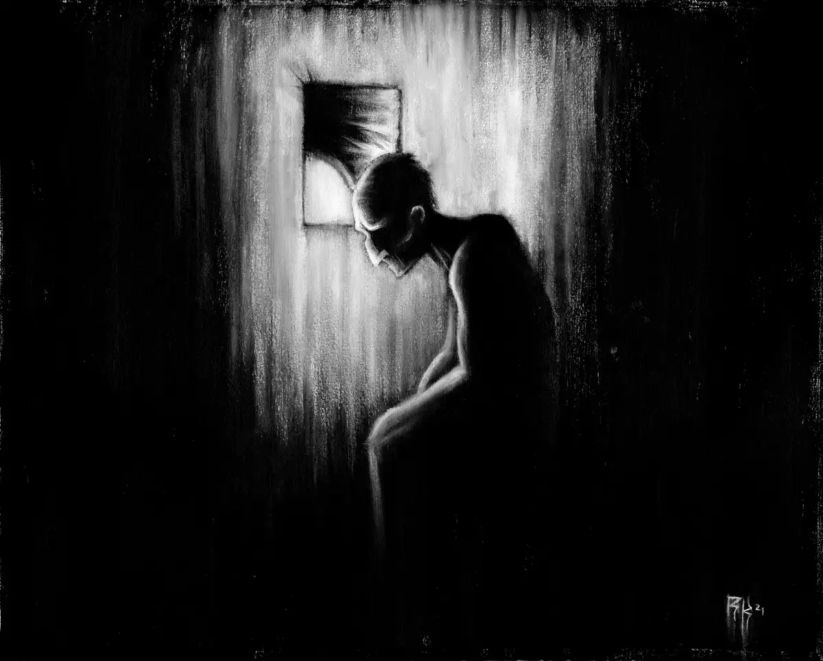 A black-and-white painting depicts a gaunt, shirtless man hunched over in a dark room, illuminated by a single window behind…