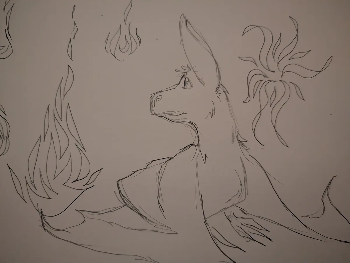 A pencil sketch of a dog-like creature with pointed ears and a long snout, surrounded by flame-like shapes drawn around it…