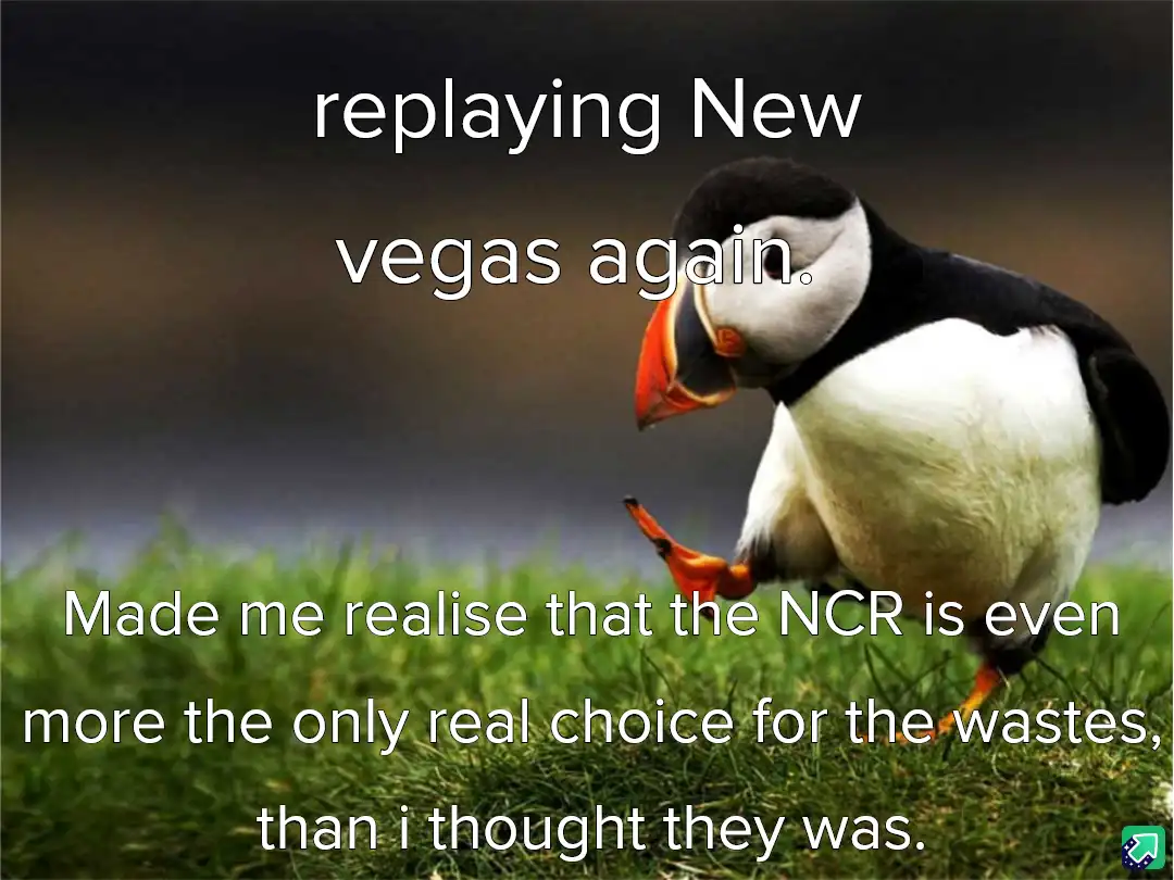 A penguin stands on grass looking down with a slightly dejected or contemplative expression. White text overlaid on the…
