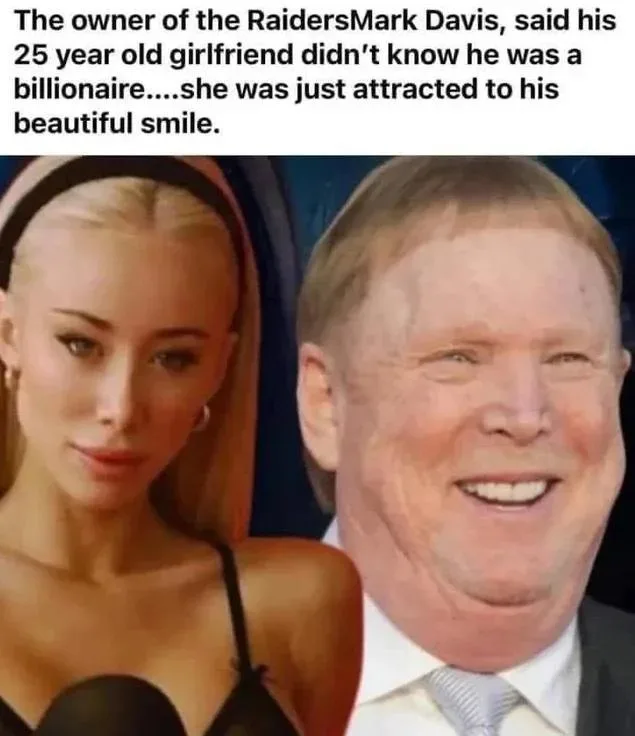 The image shows a split-screen with a young blonde woman on the left and an older man with a wide smile on the right. The…