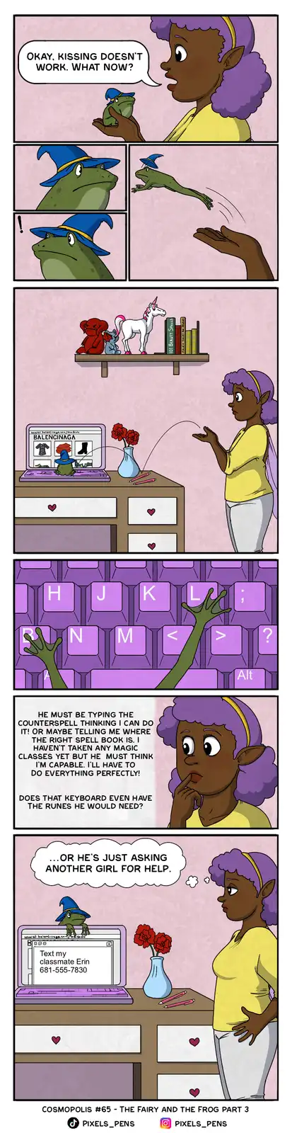 A comic strip shows a young woman with purple hair holding a small green frog wearing a wizard hat. She asks what to do…