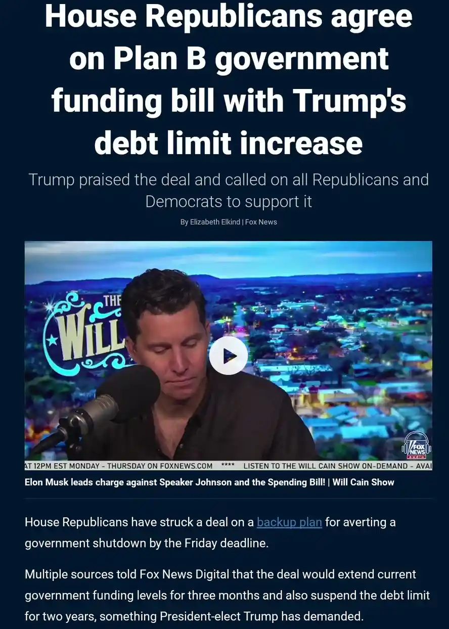 The image shows a screenshot of a Fox News article with a headline about House Republicans agreeing on a government funding…
