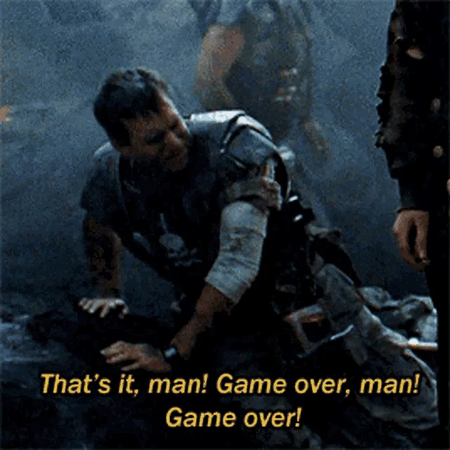 A six-panel image shows a man in a dark, gritty environment repeatedly saying 'That's it, man! Game over, man! Game over!'…