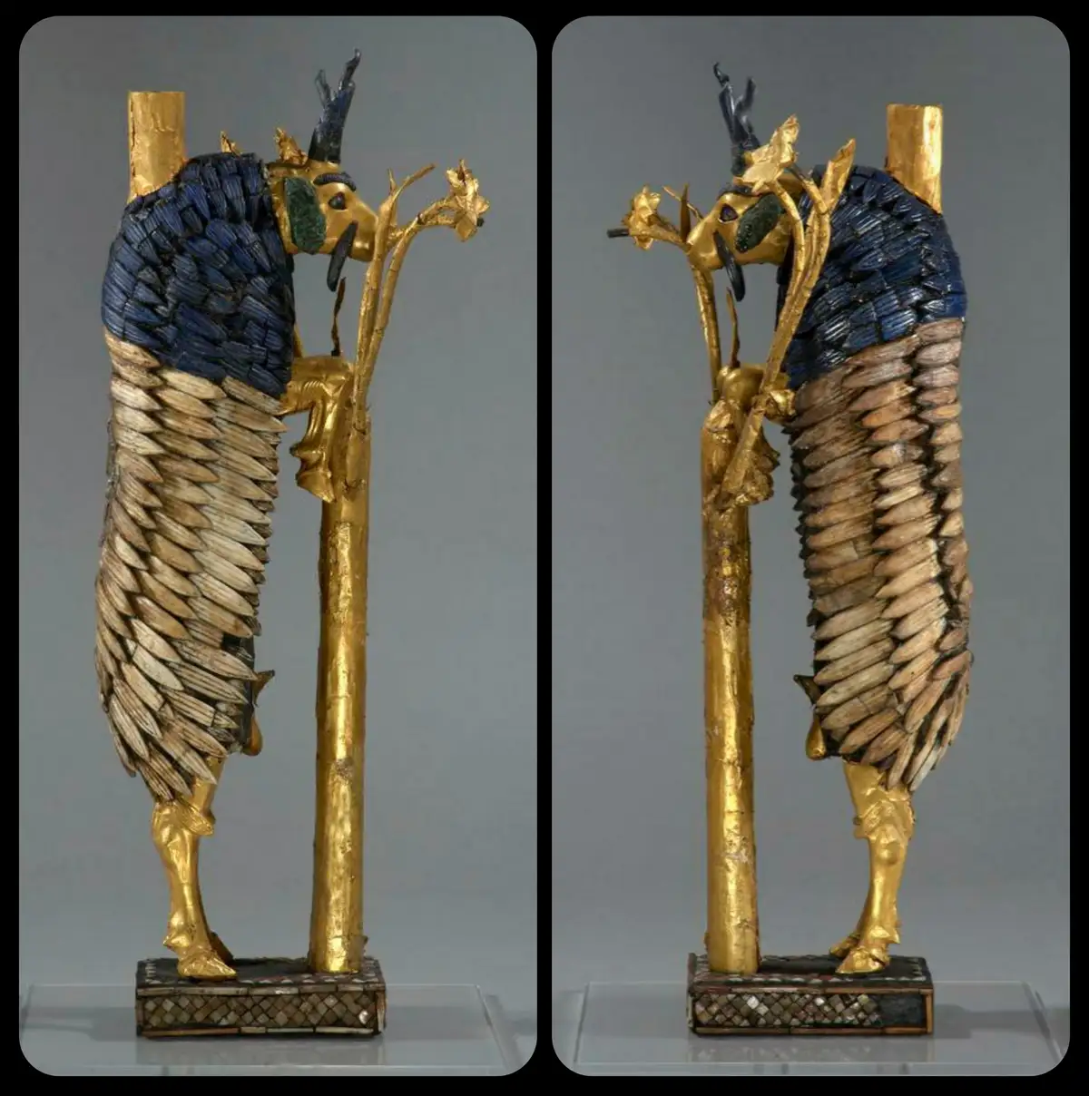 Two side-by-side images show an ancient Egyptian artifact: a golden statue of a deity with a ram's head, blue lapis lazuli…