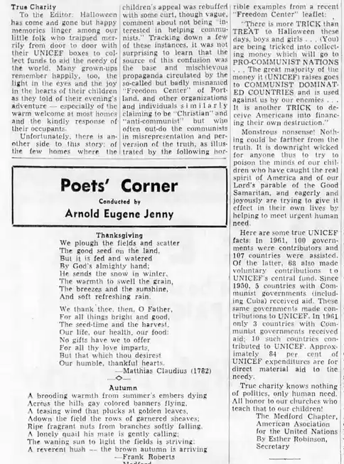 A newspaper clipping from the 1960s shows a letter to the editor criticizing UNICEF, claiming it funnels money to communist…