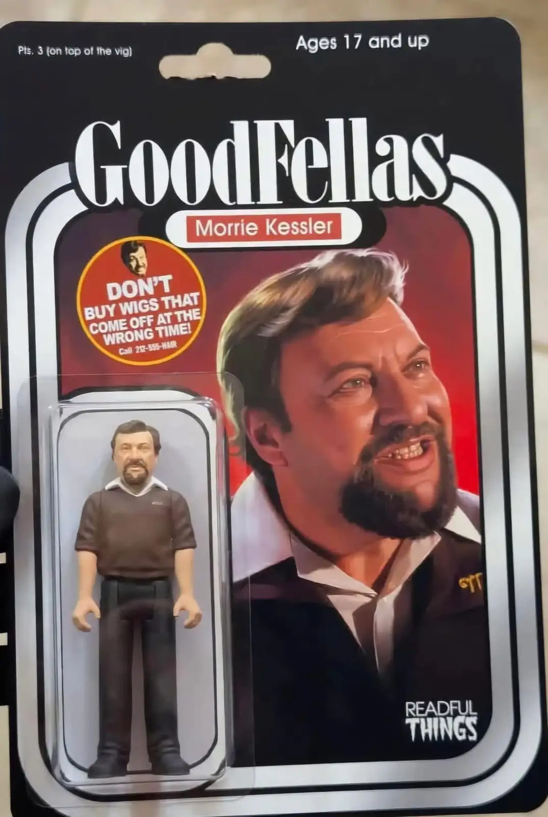 A 'GoodFellas' action figure package for Morrie Kessler, styled like a Star Wars toy card, shows a small plastic figure in a…
