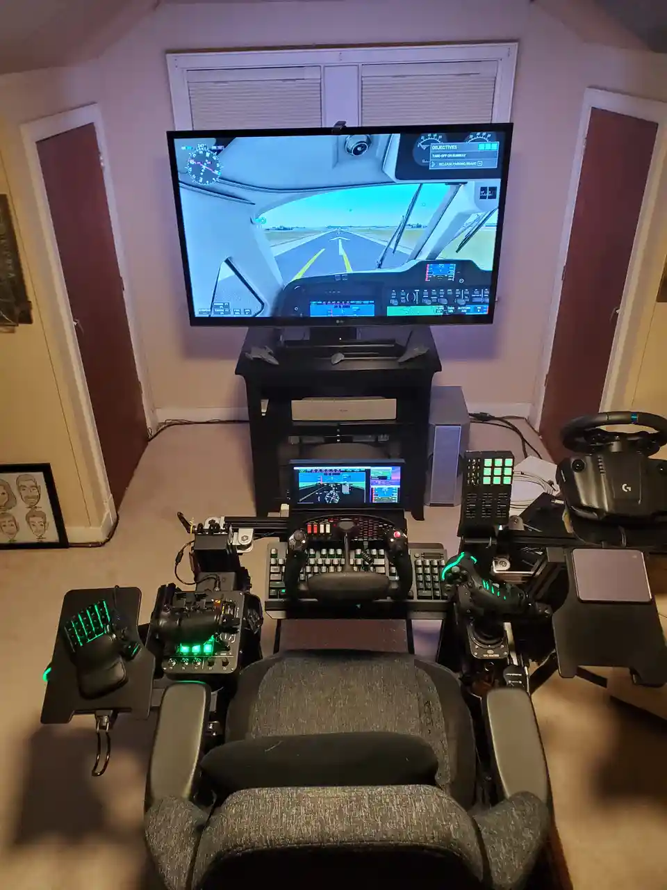 A high-end home flight simulator setup with a large TV displaying a cockpit view of an airplane on a runway, overlaid with…