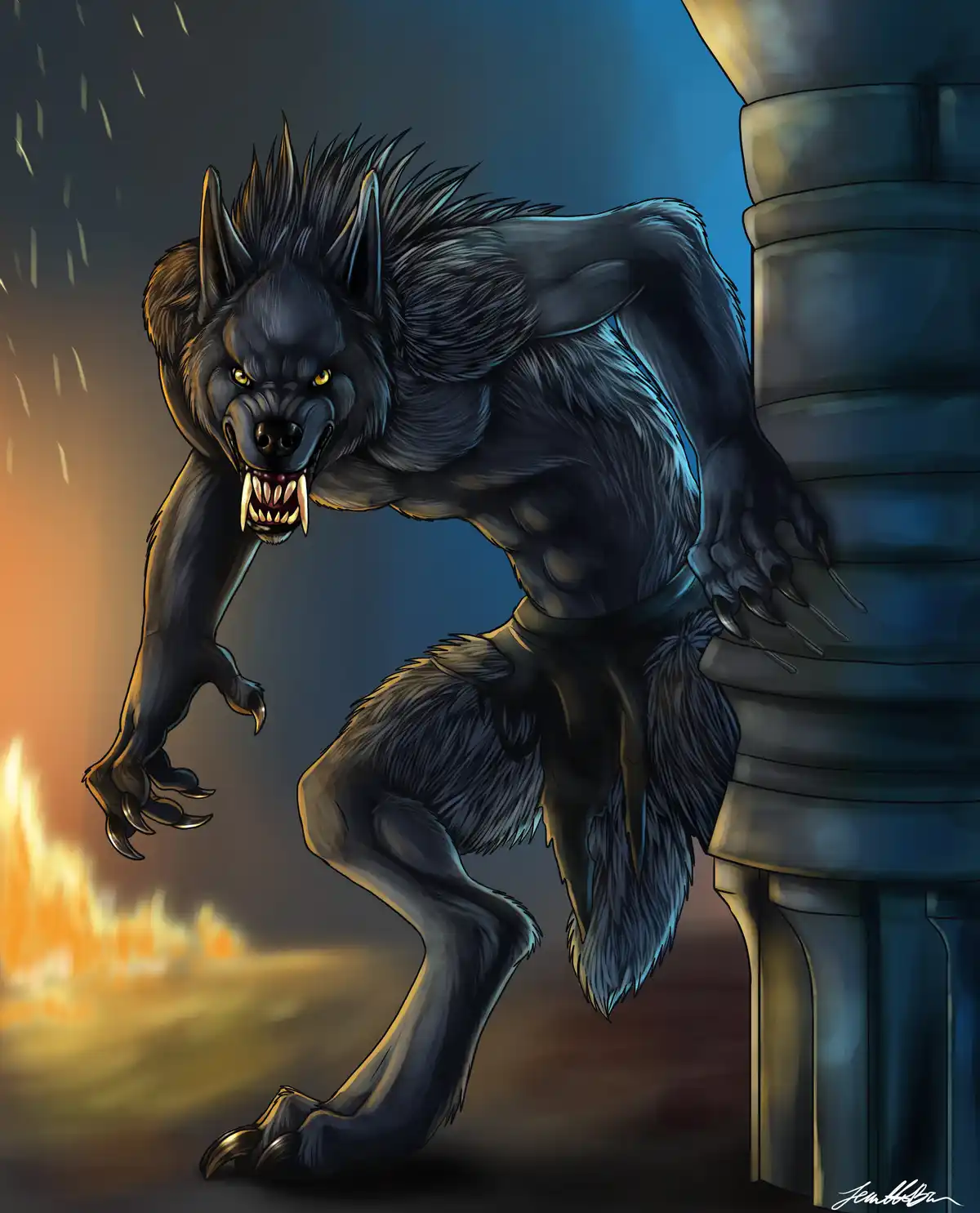 A menacing, muscular black werewolf with glowing yellow eyes, sharp fangs, and claws is crouched beside a stone pillar…