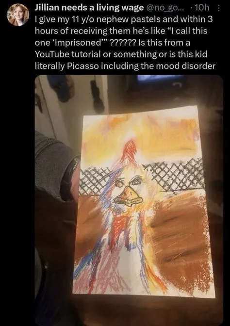 A hand holds up a child's crayon/pastel drawing of a chicken with a stern, angry expression, set against a background that…