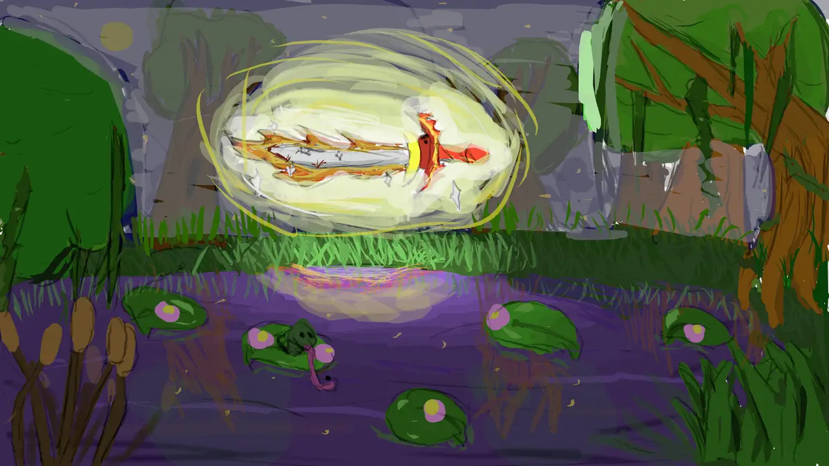 A cartoonish, hand-drawn image depicts a serene swamp scene with lily pads, reeds, and trees under a twilight sky. Floating…