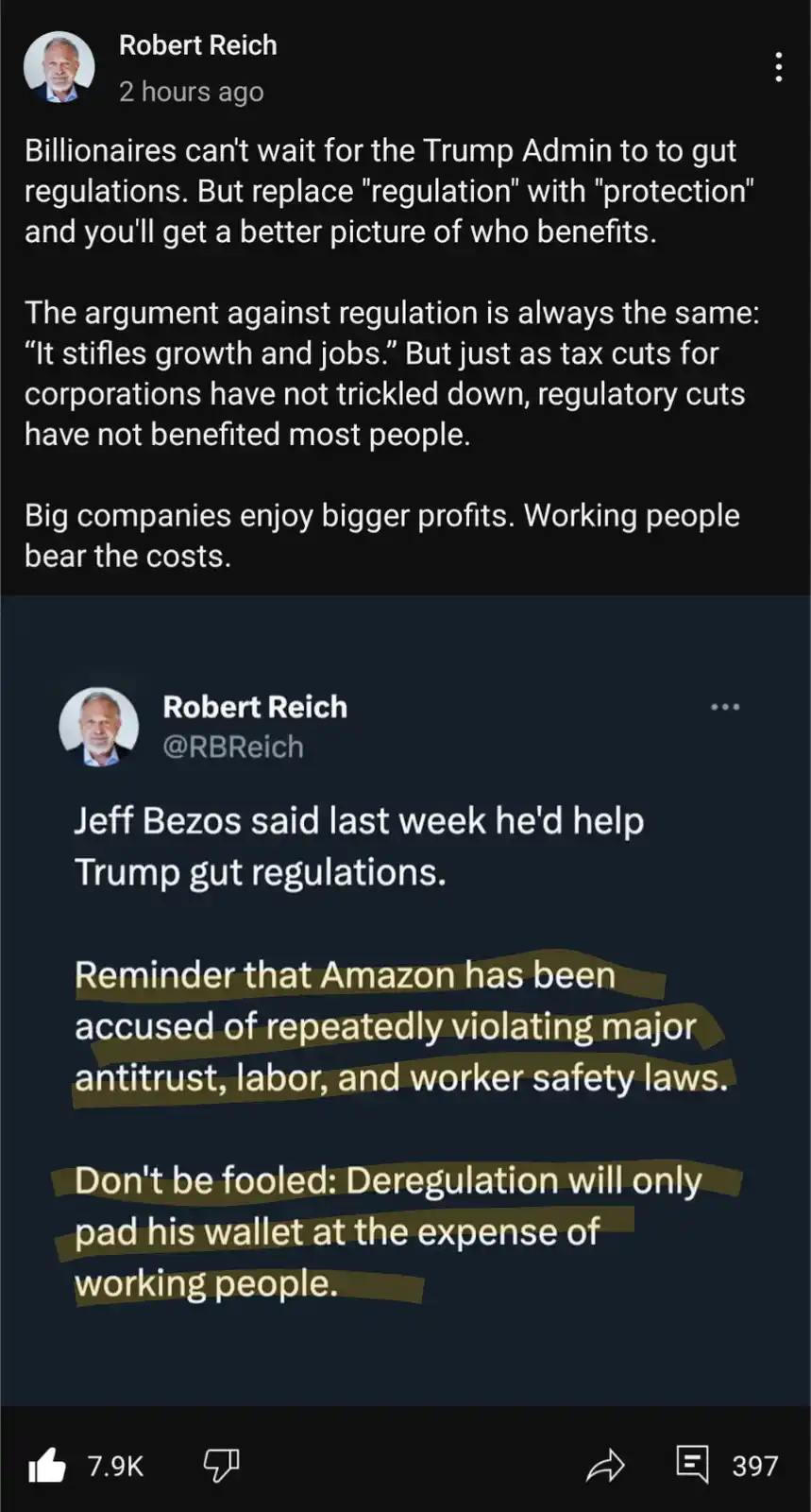 A screenshot of a tweet by Robert Reich showing a portion of his post where he highlights Jeff Bezos's support for…