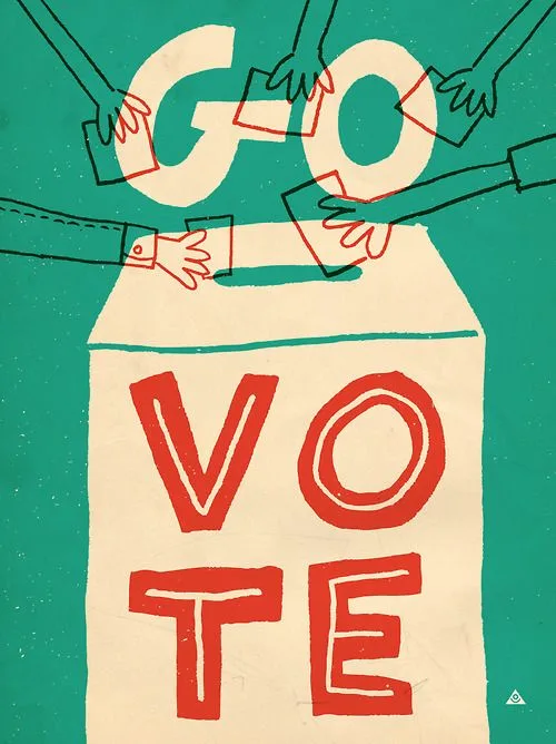 An illustration shows multiple stylized hands reaching into or out of a beige ballot box labeled 'VOTE' in red letters. The…