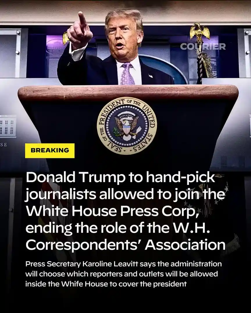 A digitally altered image shows Donald Trump at a White House podium with the presidential seal, pointing forward. Overlaid…