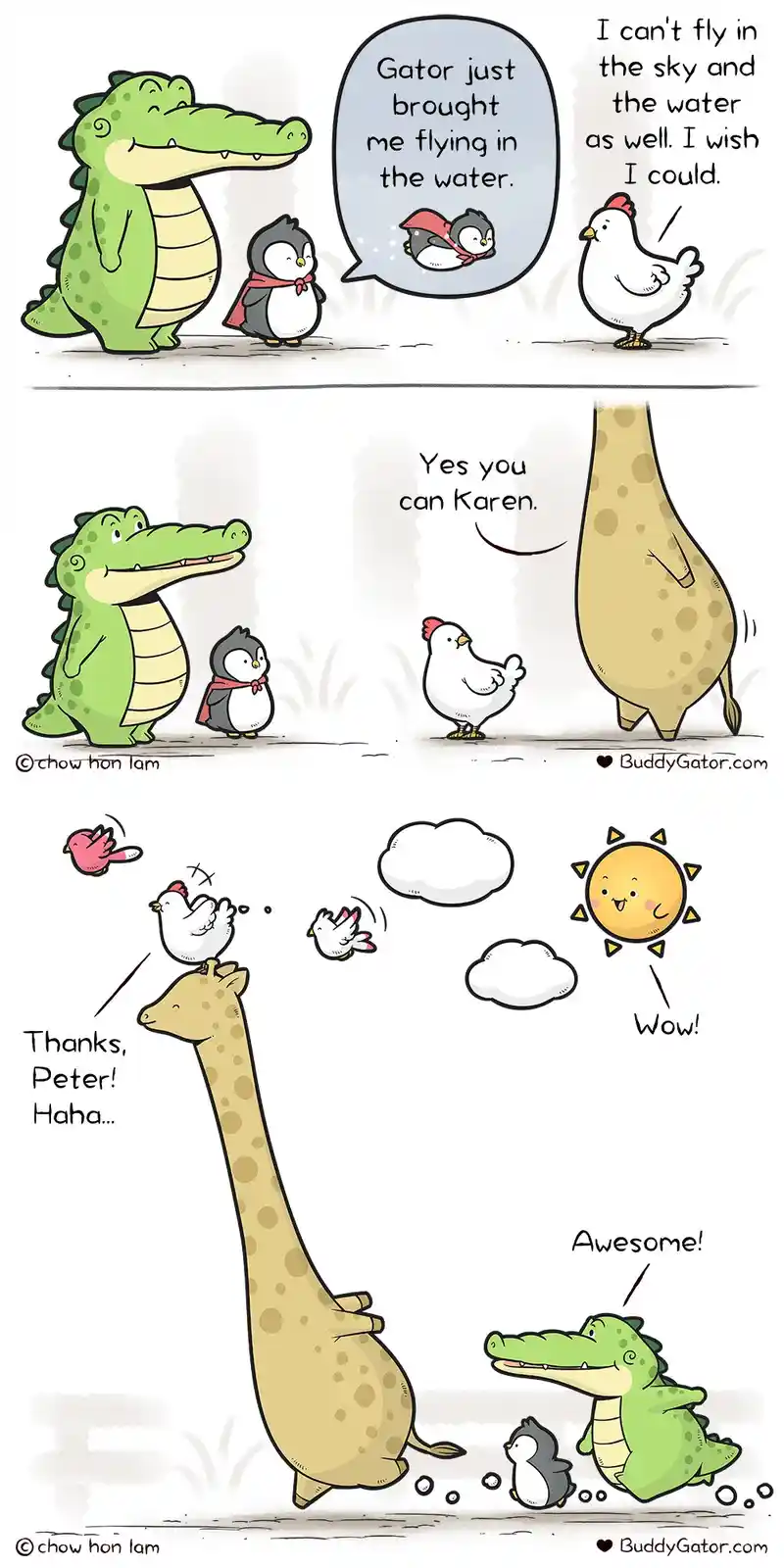 A three-panel comic shows a chicken wishing to fly, a crocodile helping her by pretending to be a giraffe, and the chicken…