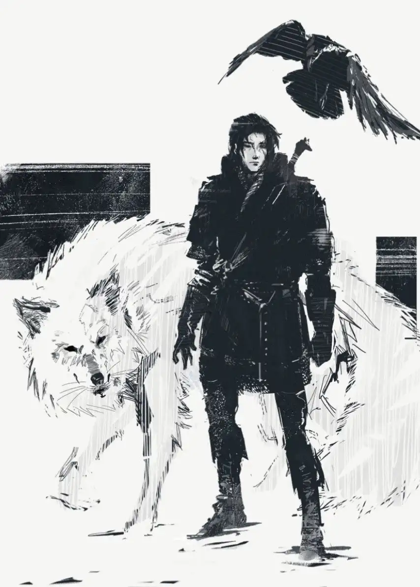 A black-and-white illustration shows a person in dark, heavy clothing standing beside a large white wolf, with a black crow…