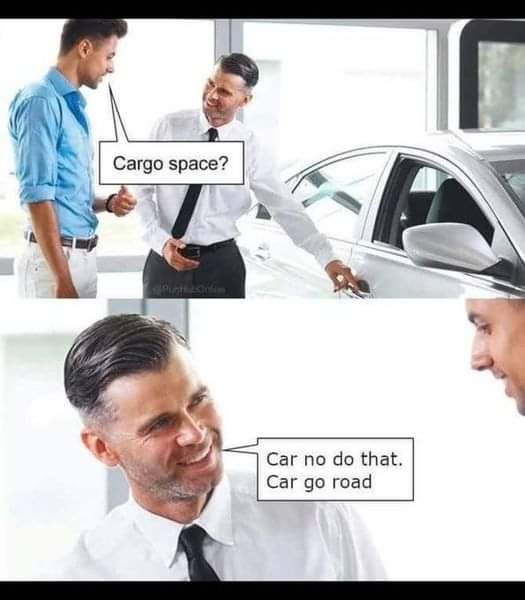 Top panel: A man in a blue shirt asks a car salesman in a white shirt and tie about cargo space while pointing at a silver…