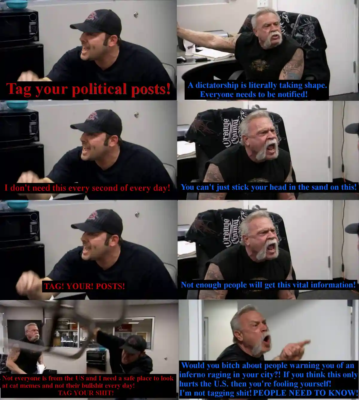 A six-panel meme featuring two men in an office setting. One man, wearing a baseball cap, is shown in various states of…