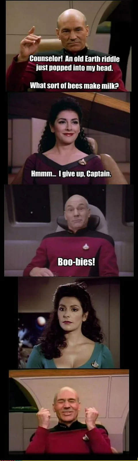 A five-panel meme from Star Trek: The Next Generation featuring Captain Picard and Counselor Troi. Picard asks Troi a riddle…