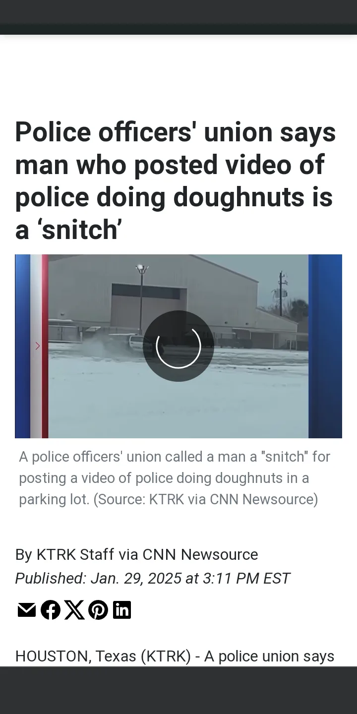 A screenshot of a news article headline reads 'Police officers' union says man who posted video of police doing doughnuts is…
