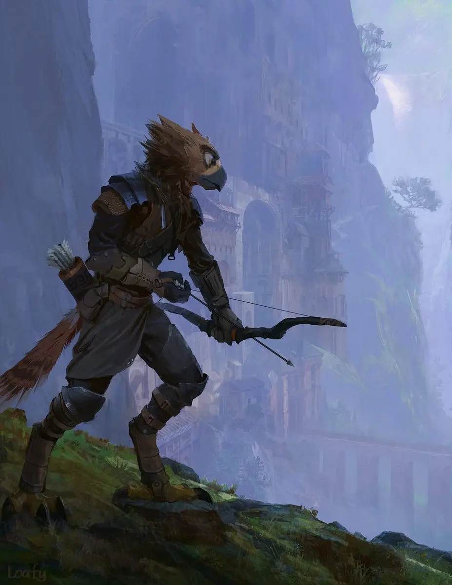 A humanoid bird character with an eagle-like head and feathered tail stands on a cliffside, aiming a bow at a distant, misty…