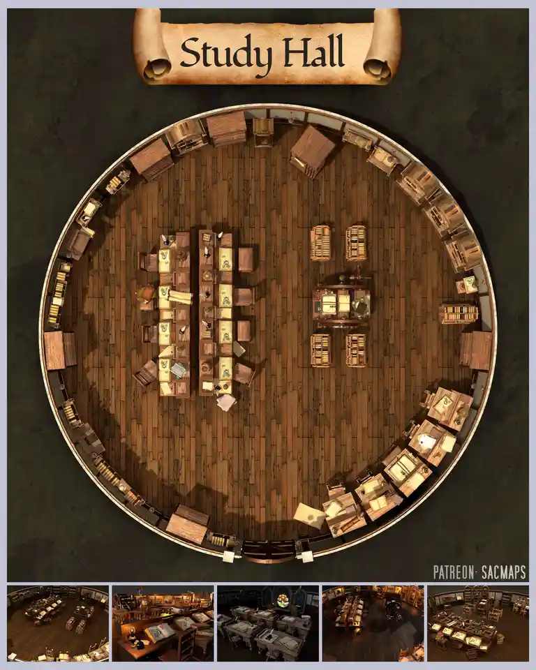 An overhead view of a circular, wooden-floored study hall with desks arranged in concentric circles around a central area…