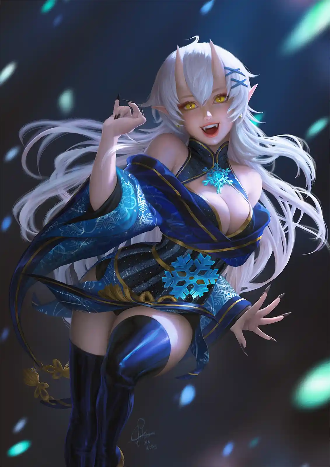 A stylized anime girl with long white hair, pointed ears, and yellow eyes wears a revealing blue and black outfit decorated…
