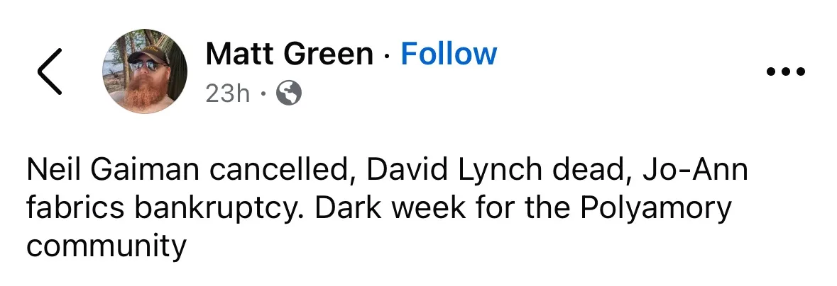 A screenshot of a social media post by Matt Green shows a text overlay stating 'Neil Gaiman cancelled, David Lynch dead…