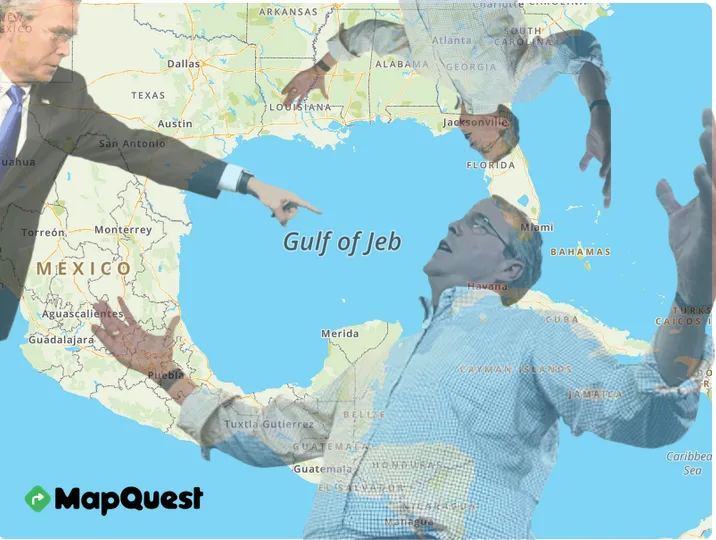 A map of the Gulf of Mexico and surrounding areas with a man in a suit pointing at the gulf, which is labeled 'Gulf of Jeb'…