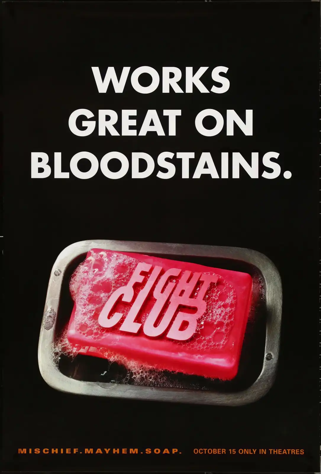 A promotional poster for the movie 'Fight Club' is visually altered to resemble a soap advertisement. It features a red bar…