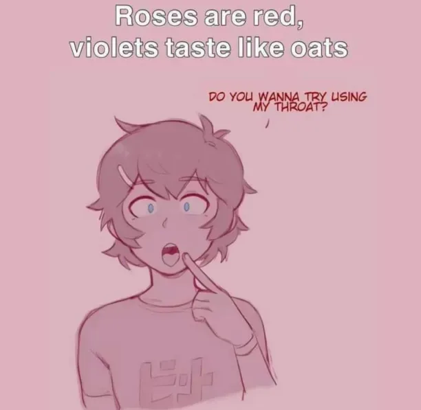 An anime-style character with short brown hair and wide blue eyes looks surprised, holding a finger to their lips. The image…