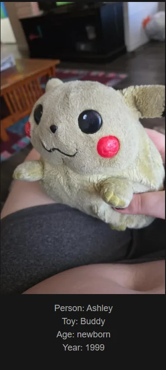 A close-up photo shows a person holding a worn, light-yellow plush toy resembling Pikachu, with one red cheek patch and…
