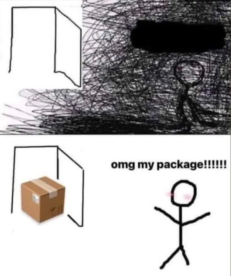 The top panel shows a stick figure drawn in frantic scribbles, barely visible behind a blacked-out area, standing in front…