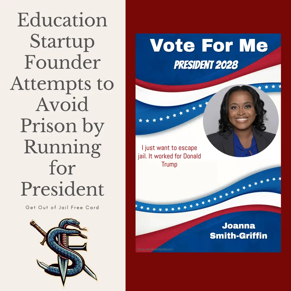 The image displays a split-screen meme. The left side has text reading 'Education Startup Founder Attempts to Avoid Prison…