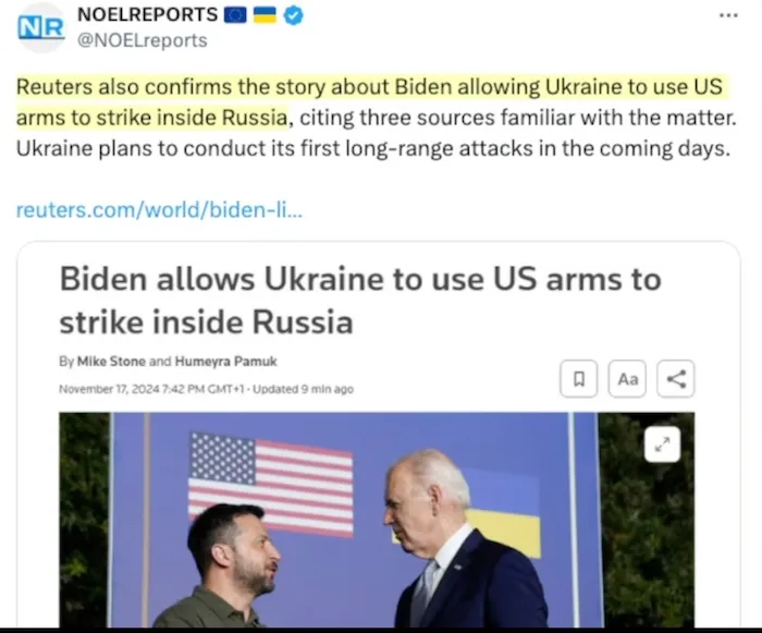 A screenshot of a tweet from NOELREPORTS showing a Reuters article headline about Biden allowing Ukraine to use US arms to…