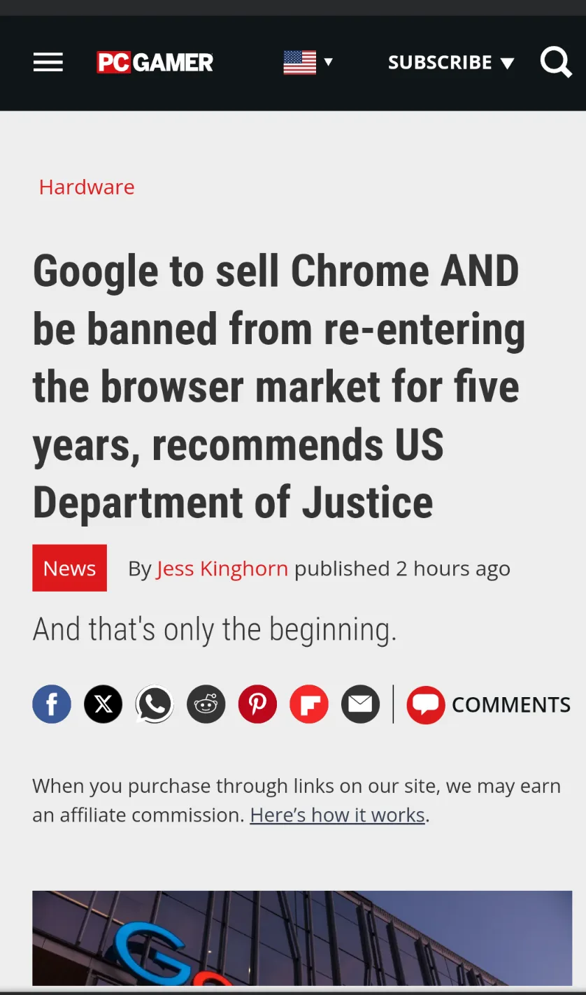 A screenshot of a PC Gamer news article with the headline 'Google to sell Chrome AND be banned from re-entering the browser…